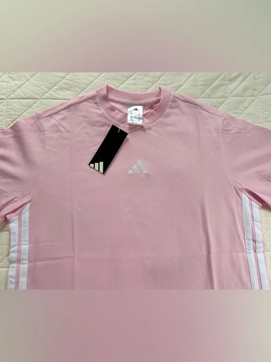 NWT Adidas Essentials 3-Stripes Cotton Tee in Clear Pink - Picture 3 of 6